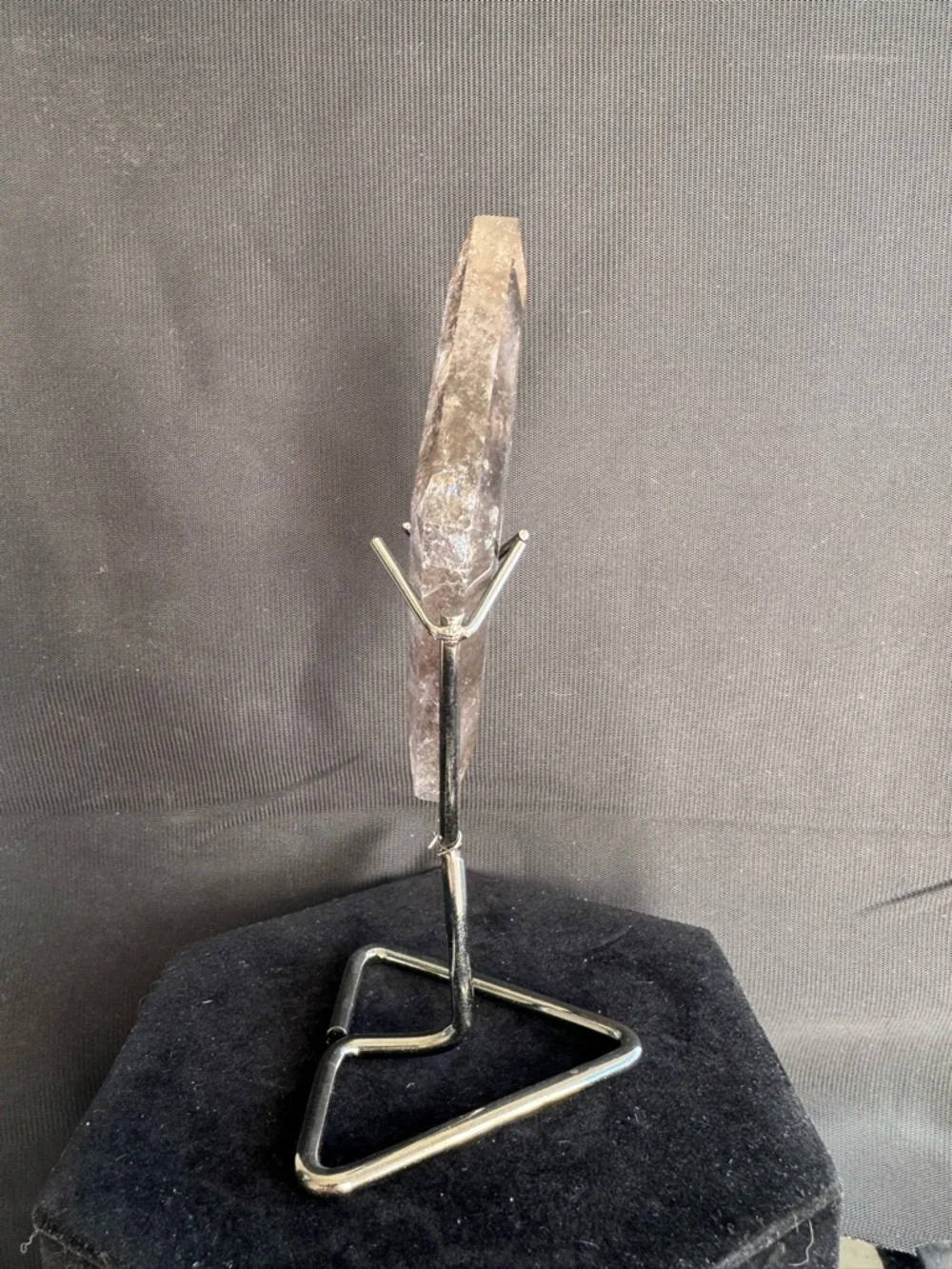 Smoky Quartz Crystal Faceted Diamond on Metal Stand